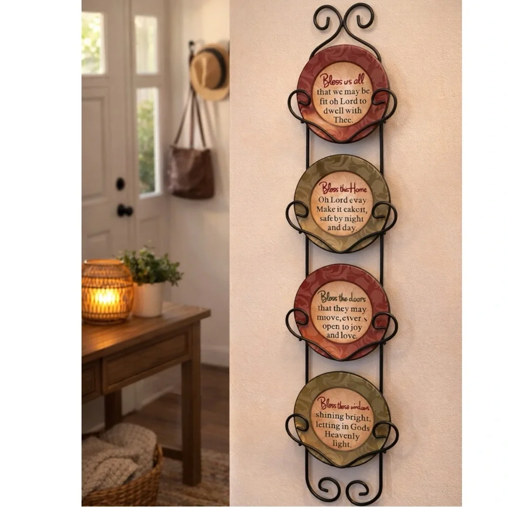 Bless This Home Wall Plaque Decor with 4 Plates Metal Scroll Rack